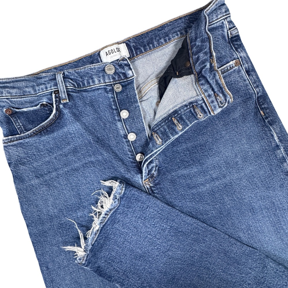 Agolde Riley Long Jeans Women 30 Blue High Rise Straight Raw Hem Button Fly